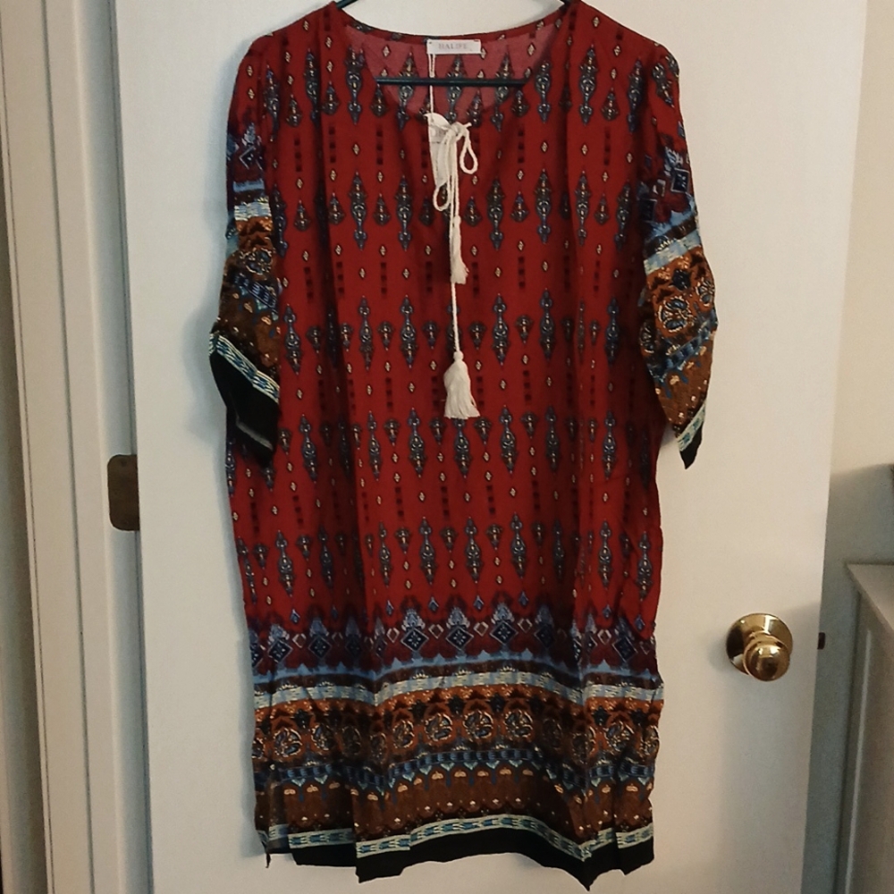 Halife Wine Red and Blue Patterned Dress, Size L